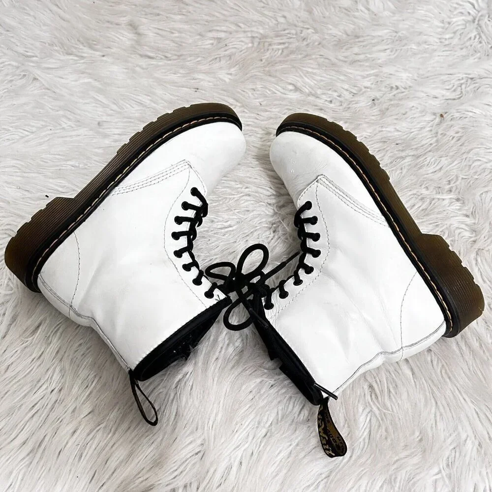Dr. Martens 1460J Combat Boots Youth Size 3 US White Leather Lace Up‎ Side Zip